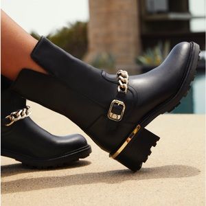 Vince Camuto Black Leather Combat Boots with Gold Chain Detail